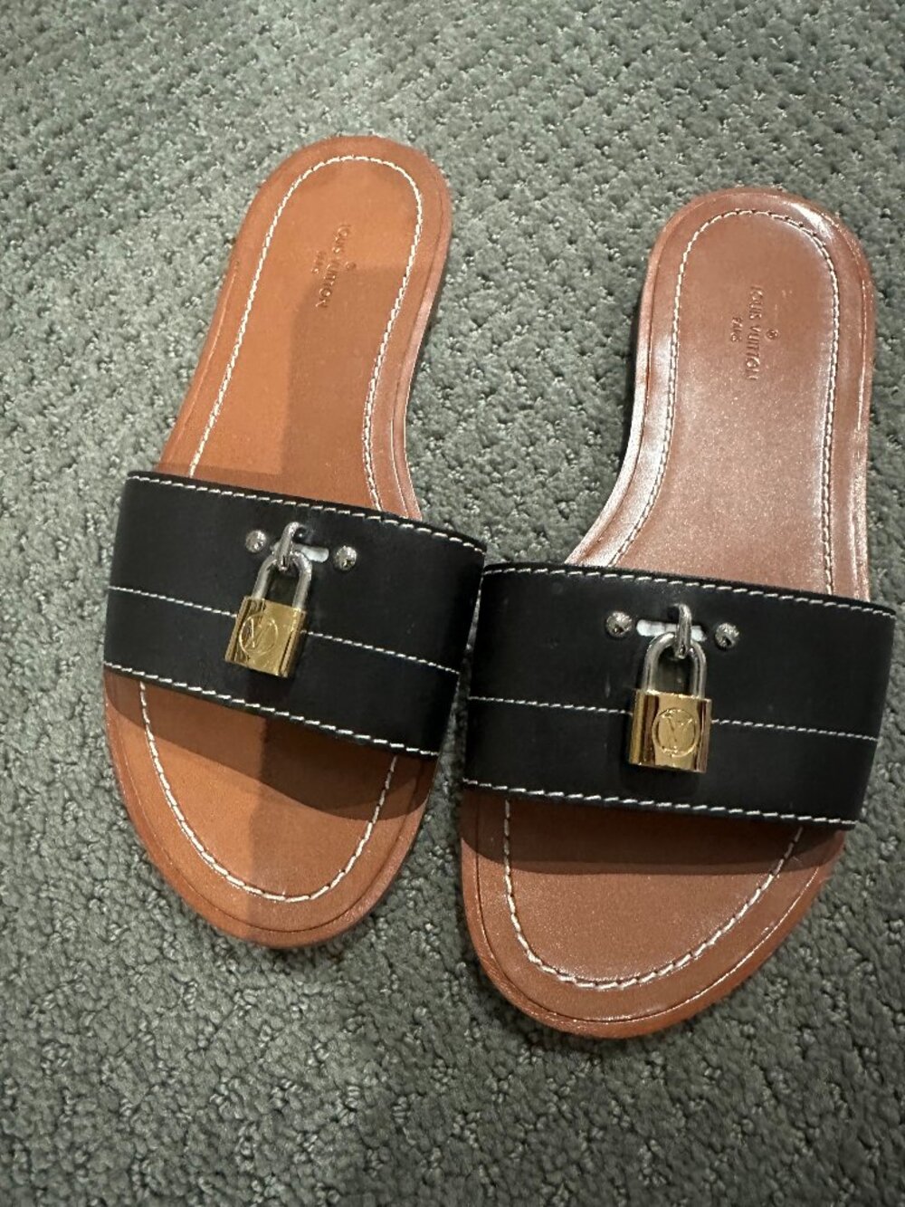 Louis Vuitton Lock It Flat Slide Sandal Black Leather Gold Size 36 US 6